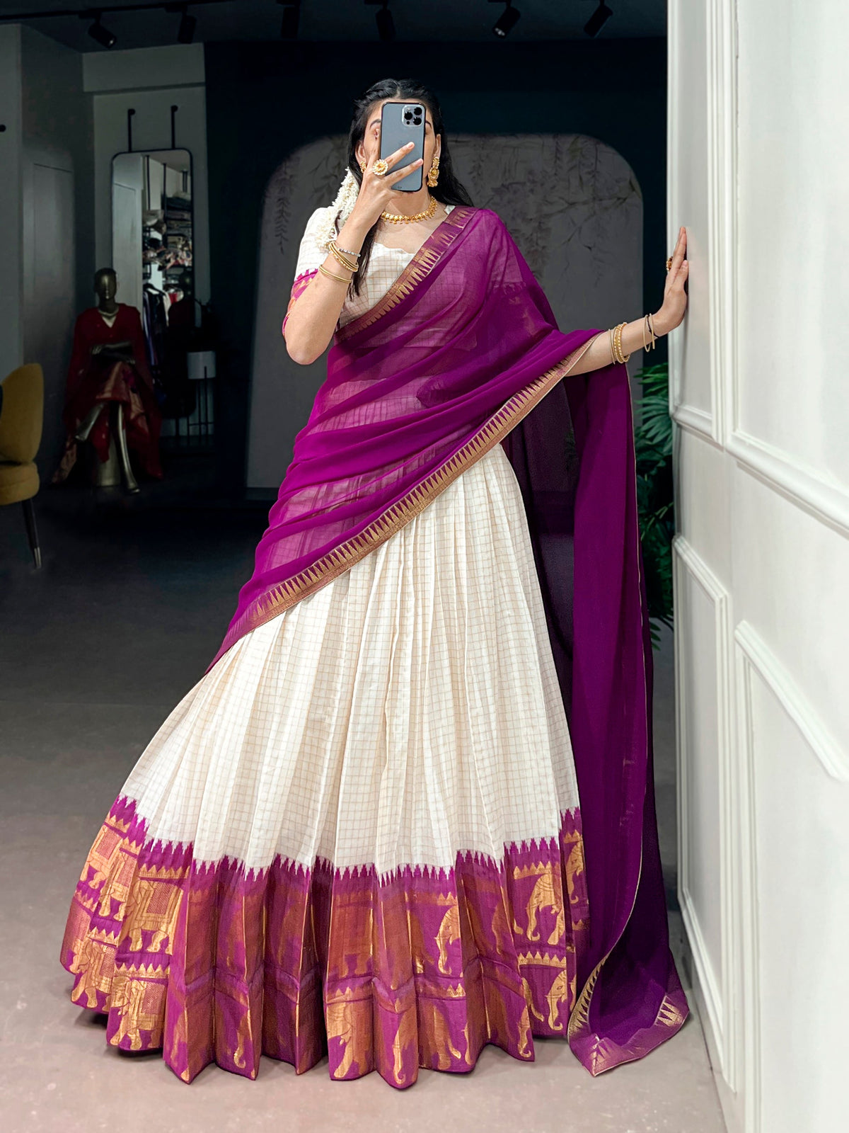 White Poly Cotton Zari Weaving Work Lehenga Choli Set