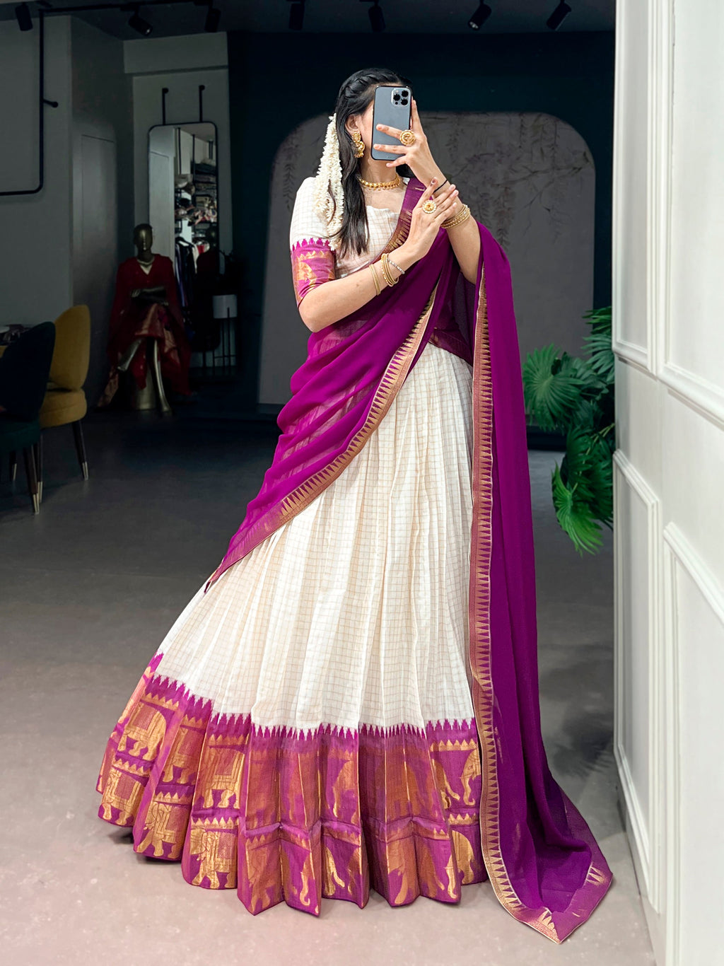 White Poly Cotton Zari Weaving Work Lehenga Choli Set