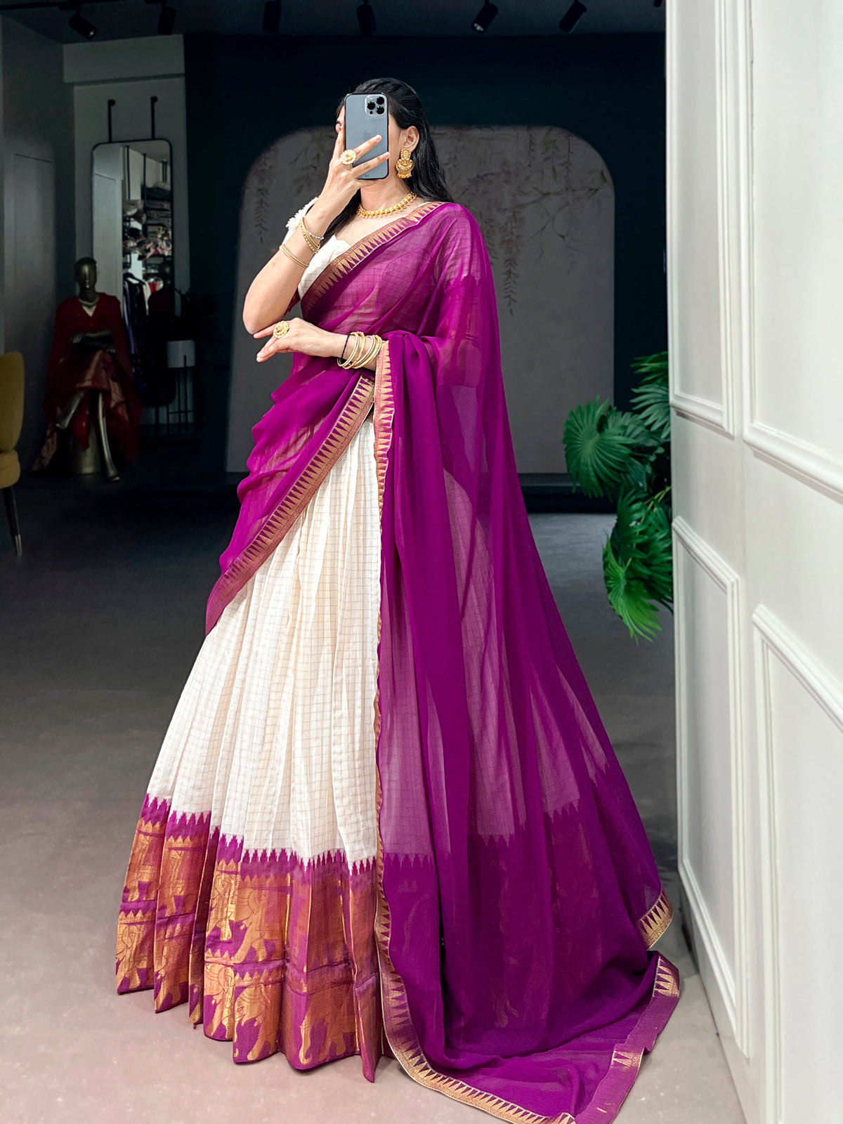 White Poly Cotton Zari Weaving Work Lehenga Choli Set