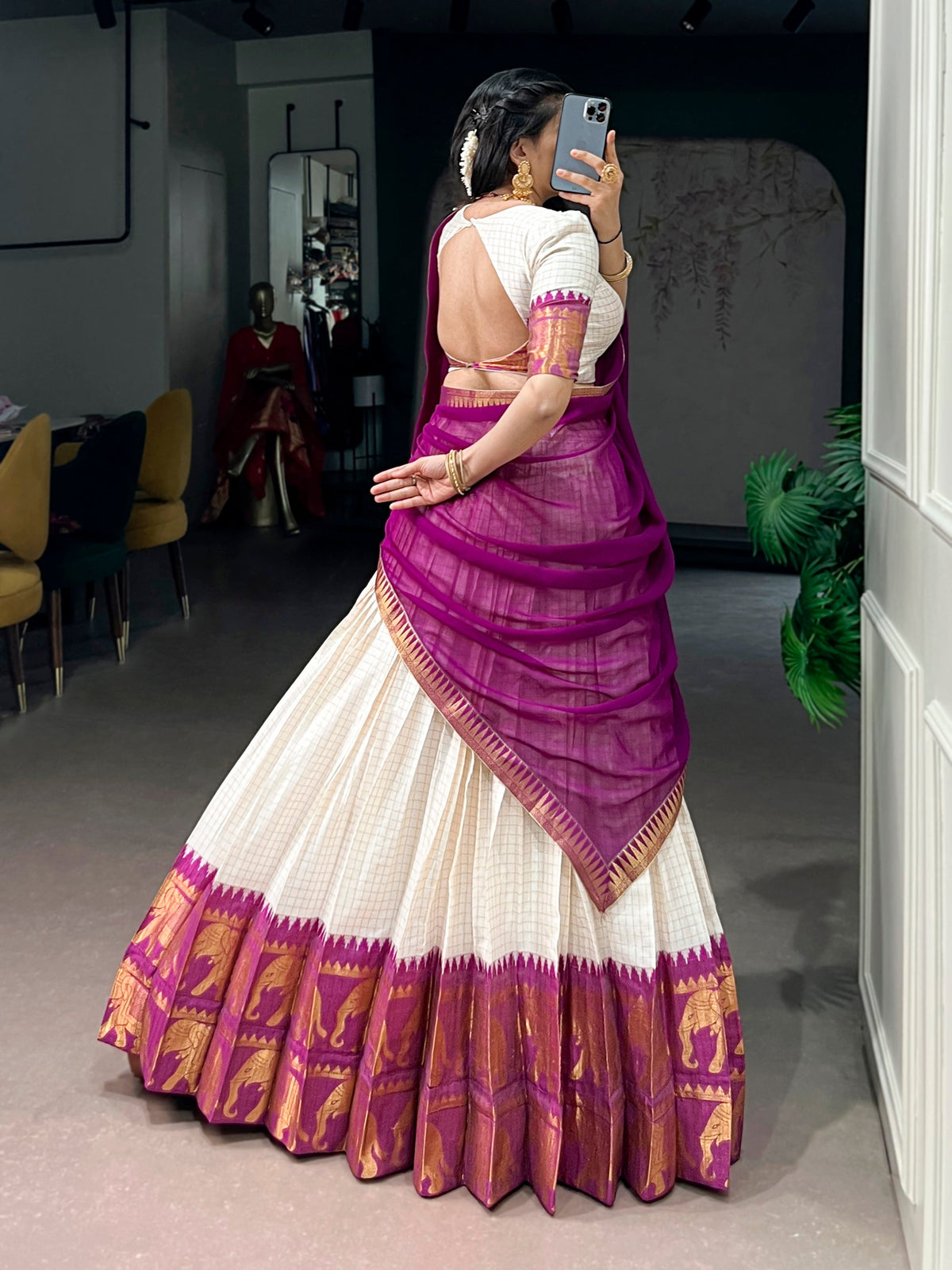 White Poly Cotton Zari Weaving Work Lehenga Choli Set