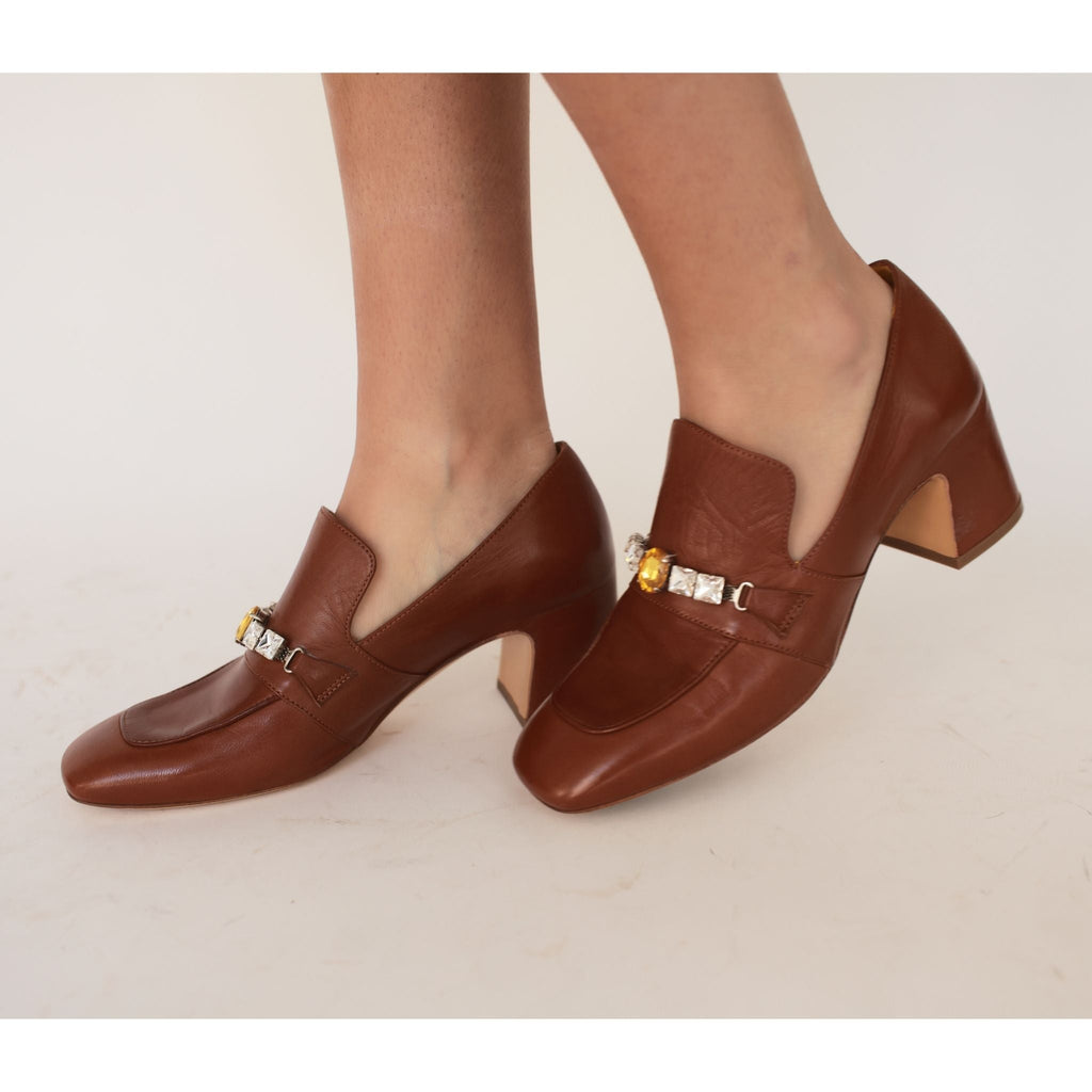Cognac Leather Mid Heel Jeweled Loafer