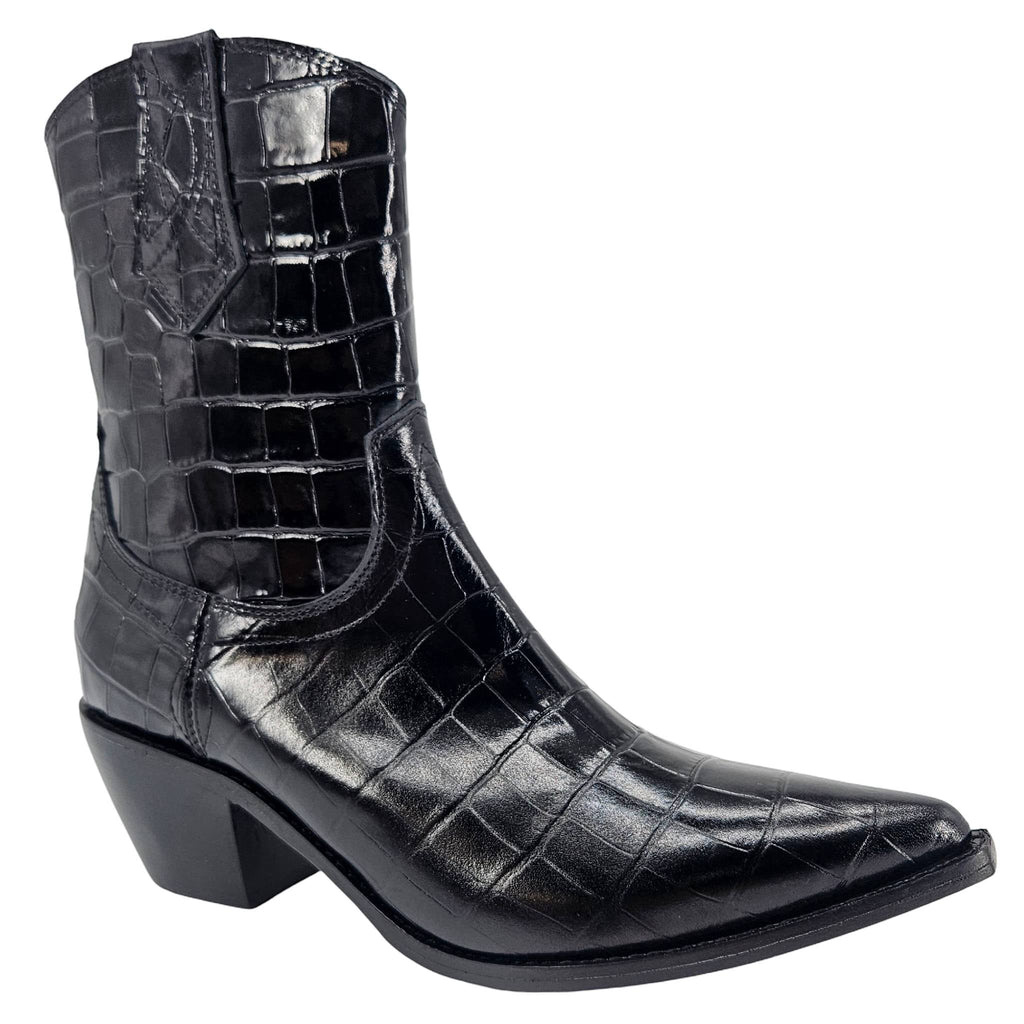 Black Leather Croc Embossed Pointy Ankle Boot