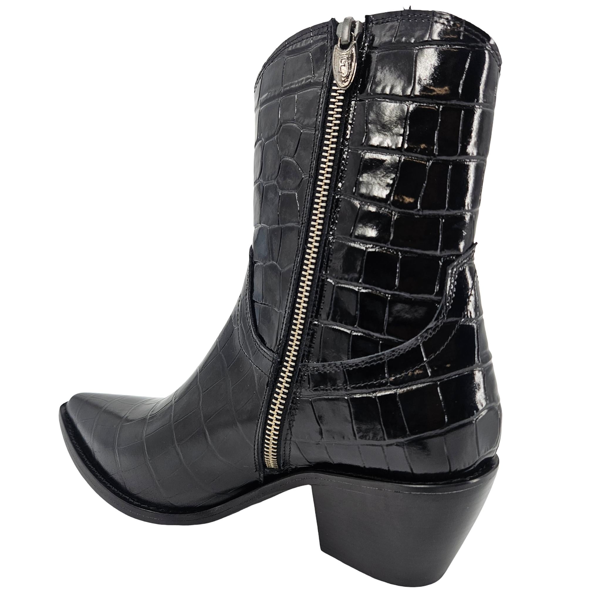 Black Leather Croc Embossed Pointy Ankle Boot