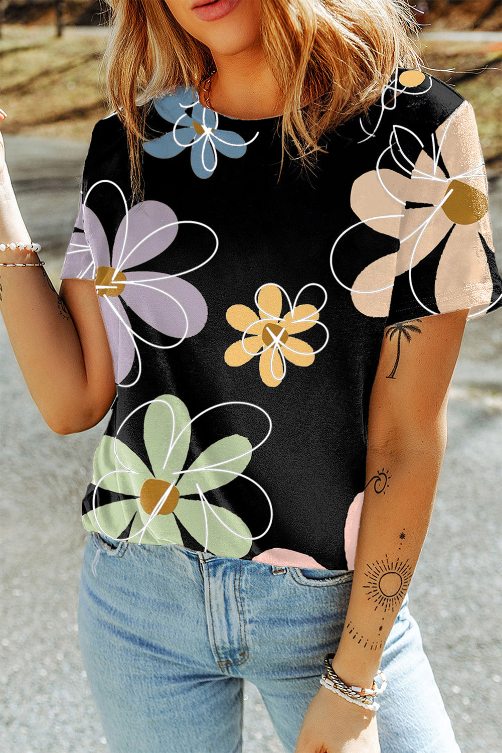 Black Summer Flower Print Casual Round Neck T-Shirt