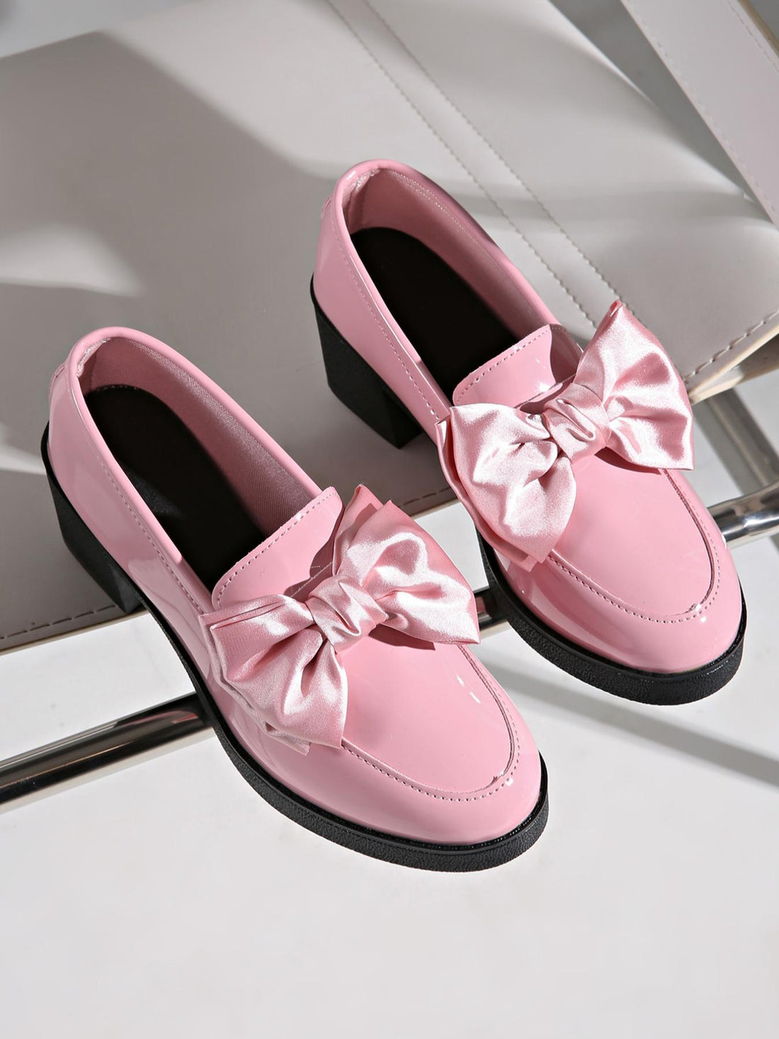 Women's Patent Bowtie Block Heel Pumps Casual Round Toe Shoes - Image 8