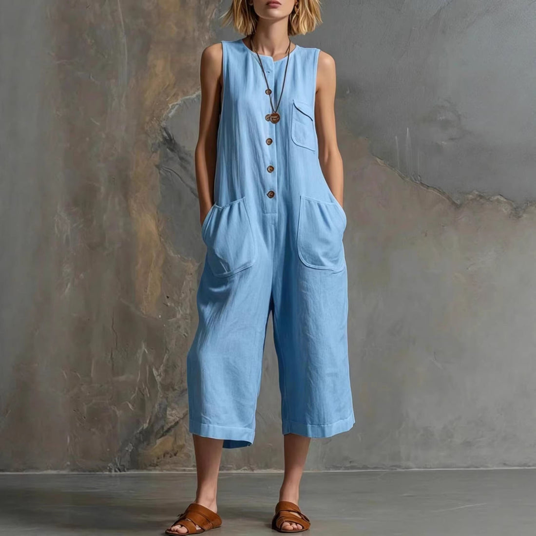 Women's Retro Sleeveless Button-Down Wide-Leg Cropped Jumpsuit - Image 2
