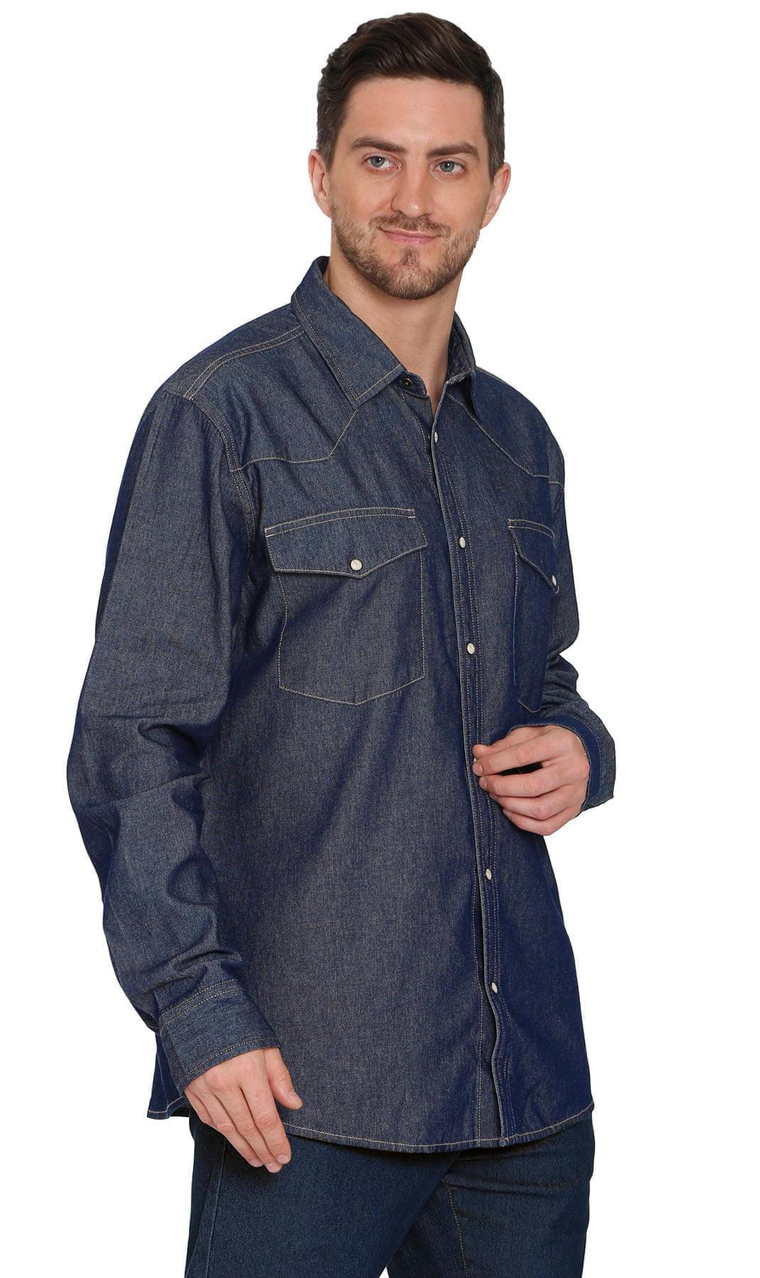 Men's Western Snap Button Denim Shirt with Stitched Yoke