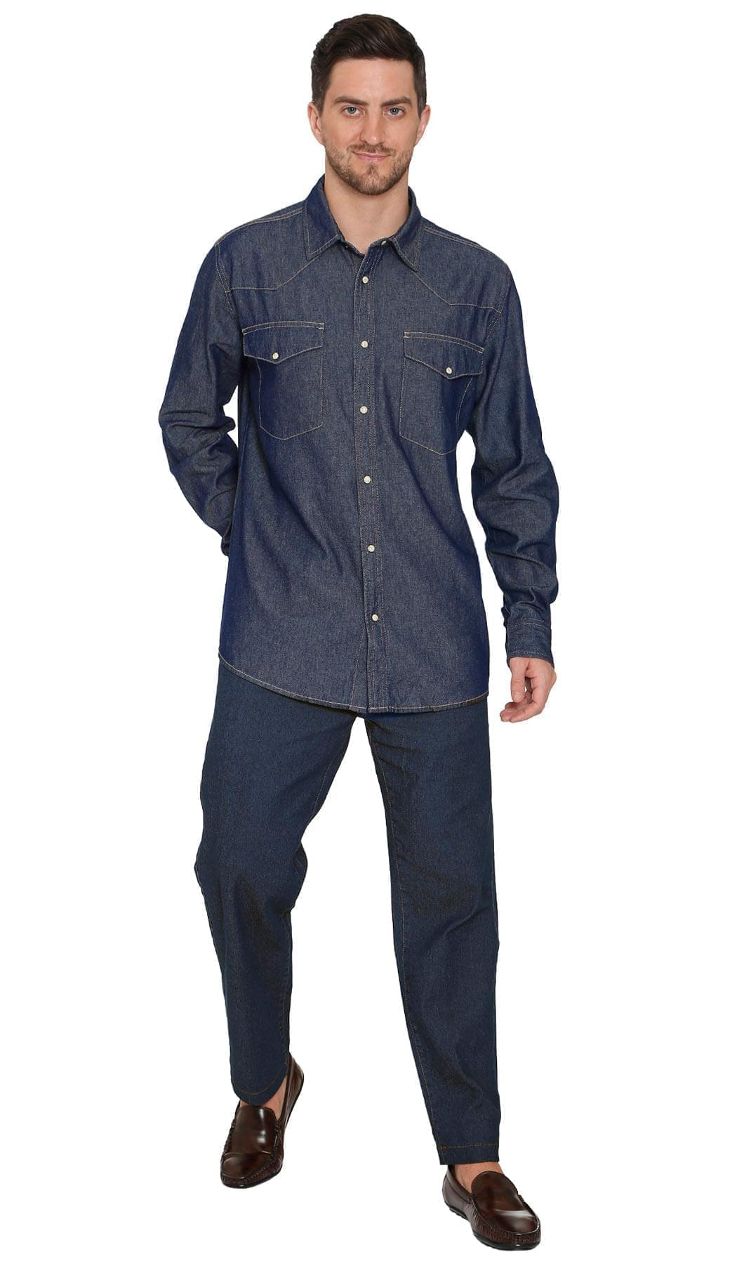 Men's Western Snap Button Denim Shirt with Stitched Yoke