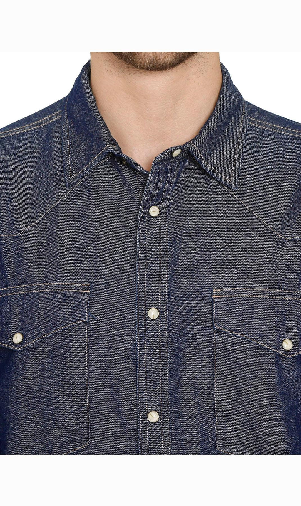 Men's Western Snap Button Denim Shirt with Stitched Yoke
