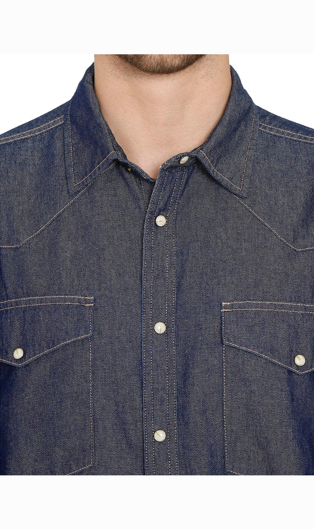Men's Western Snap Button Denim Shirt with Stitched Yoke