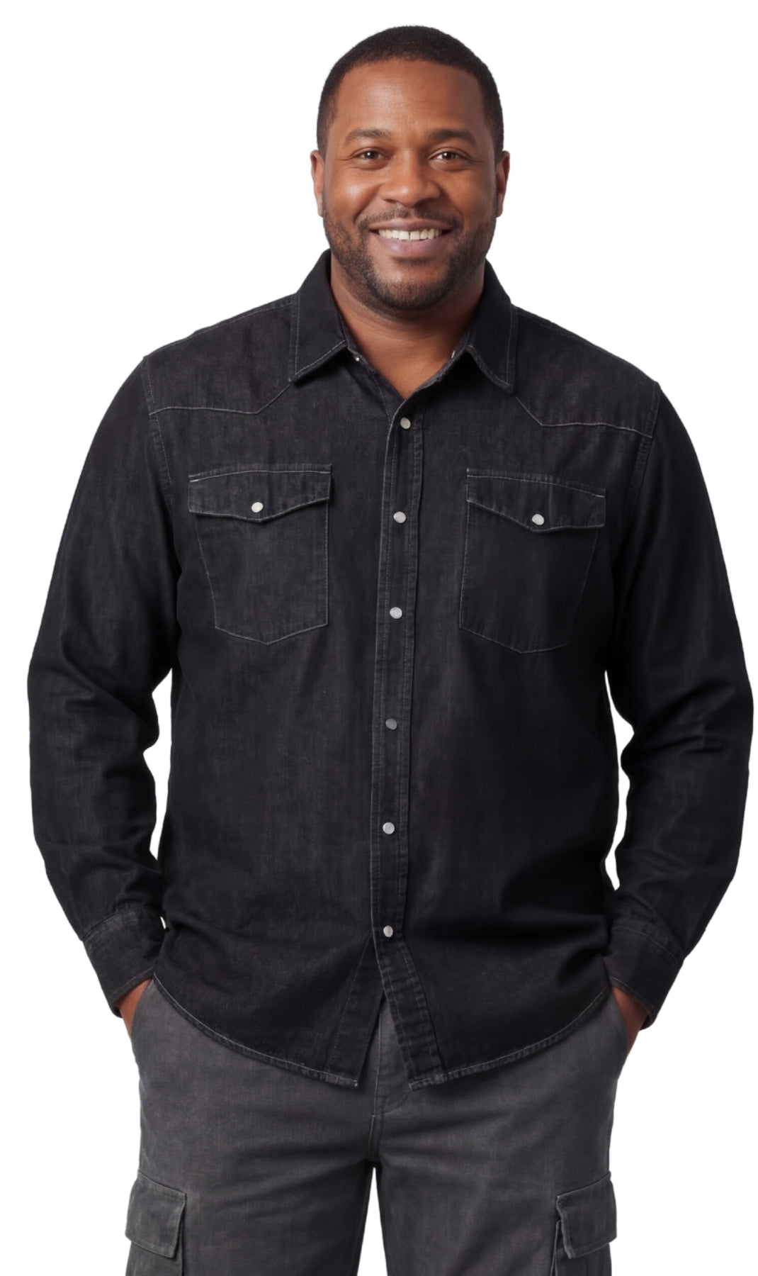 Men's Western Snap Button Denim Shirt with Stitched Yoke