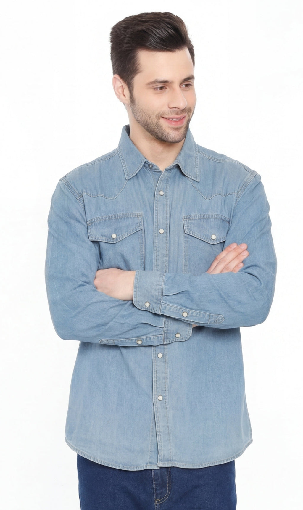 Men's western denim shirt in blue with snap buttons and stitched yoke detail
