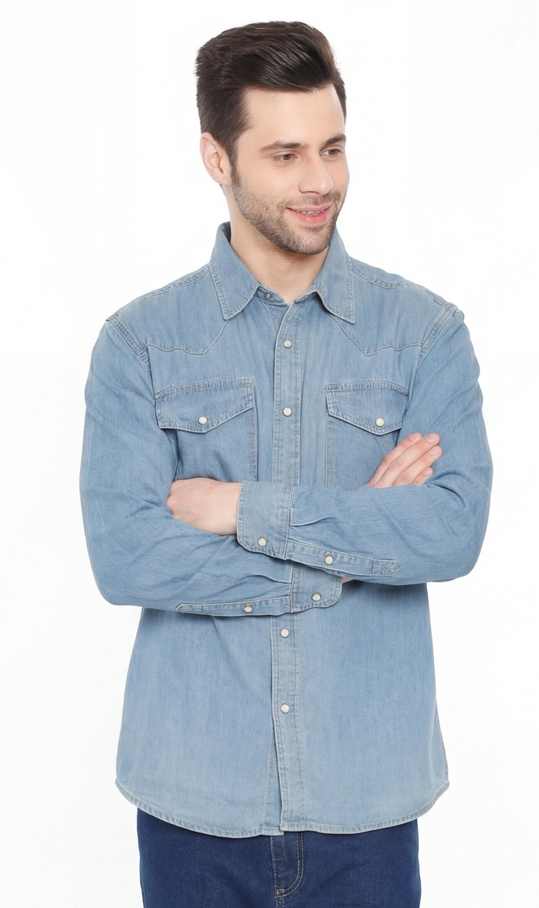 Men's western denim shirt in blue with snap buttons and stitched yoke detail