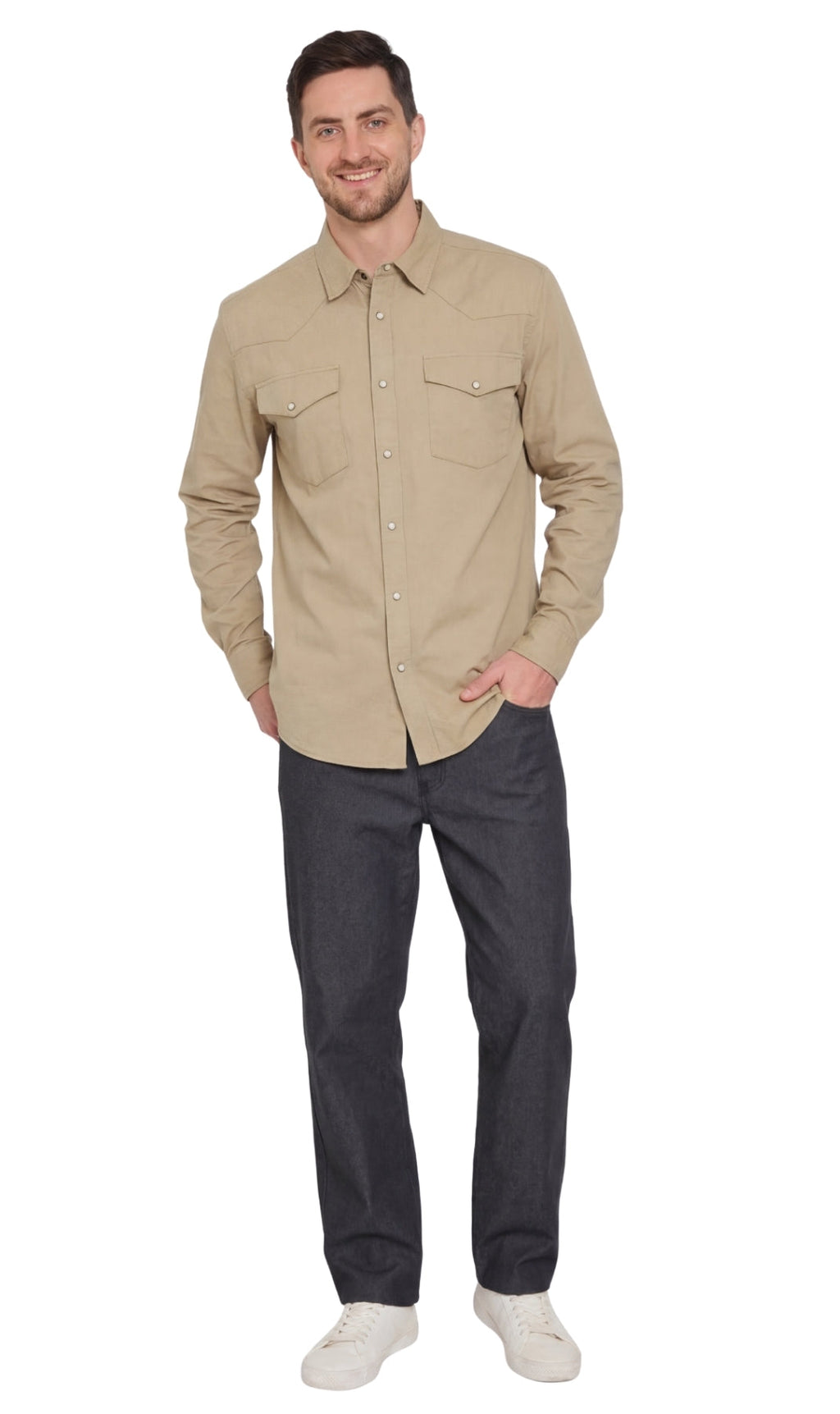 Men's Western Snap Button Denim Shirt with Stitched Yoke