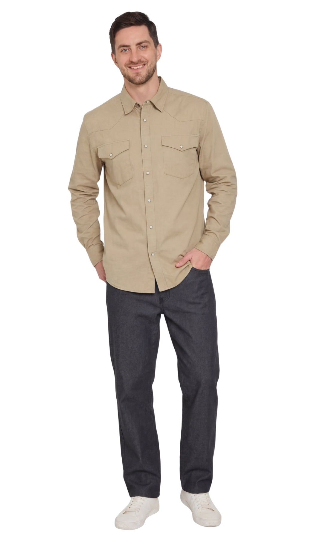 Men's Western Snap Button Denim Shirt with Stitched Yoke