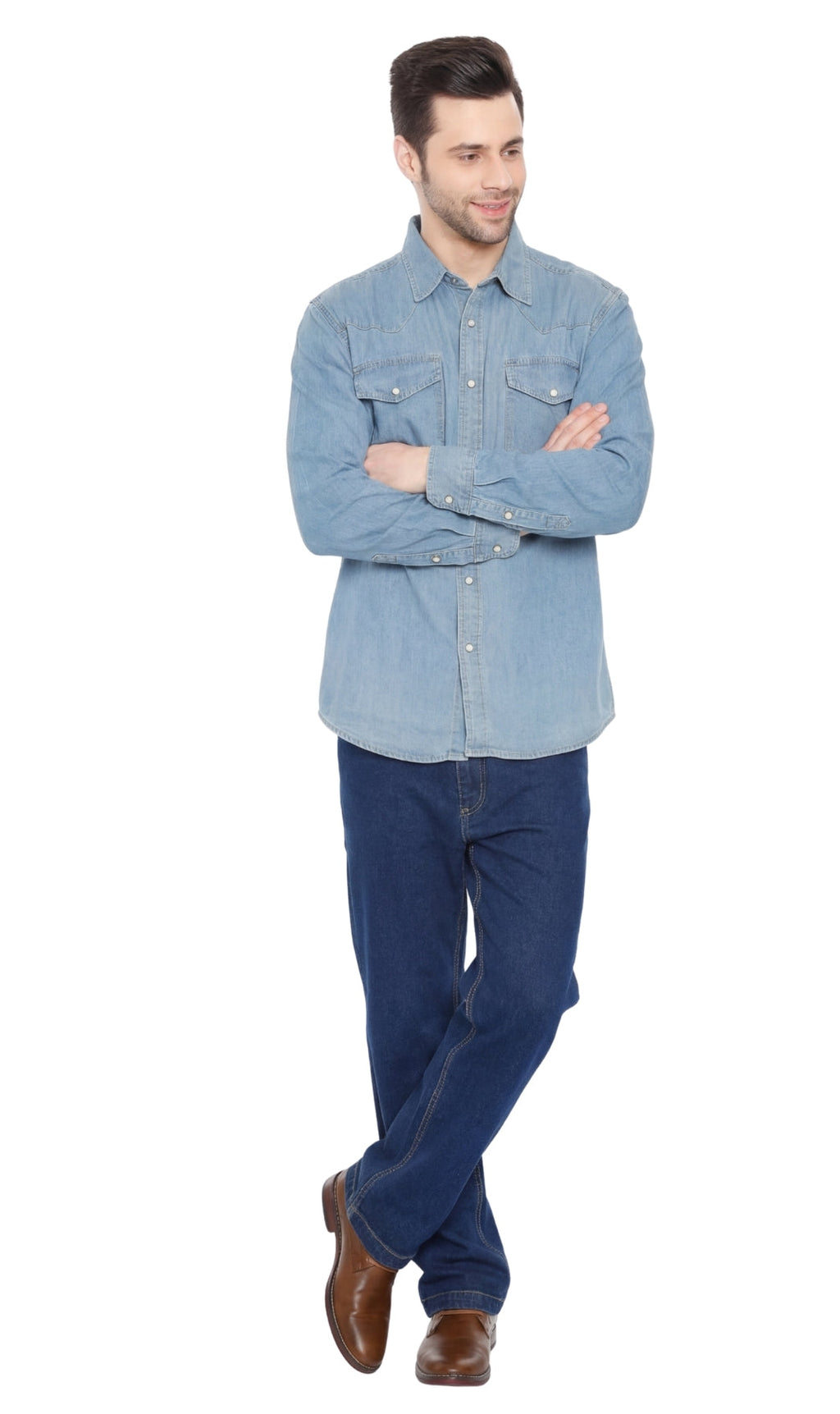 Men's Western Snap Button Denim Shirt with Stitched Yoke