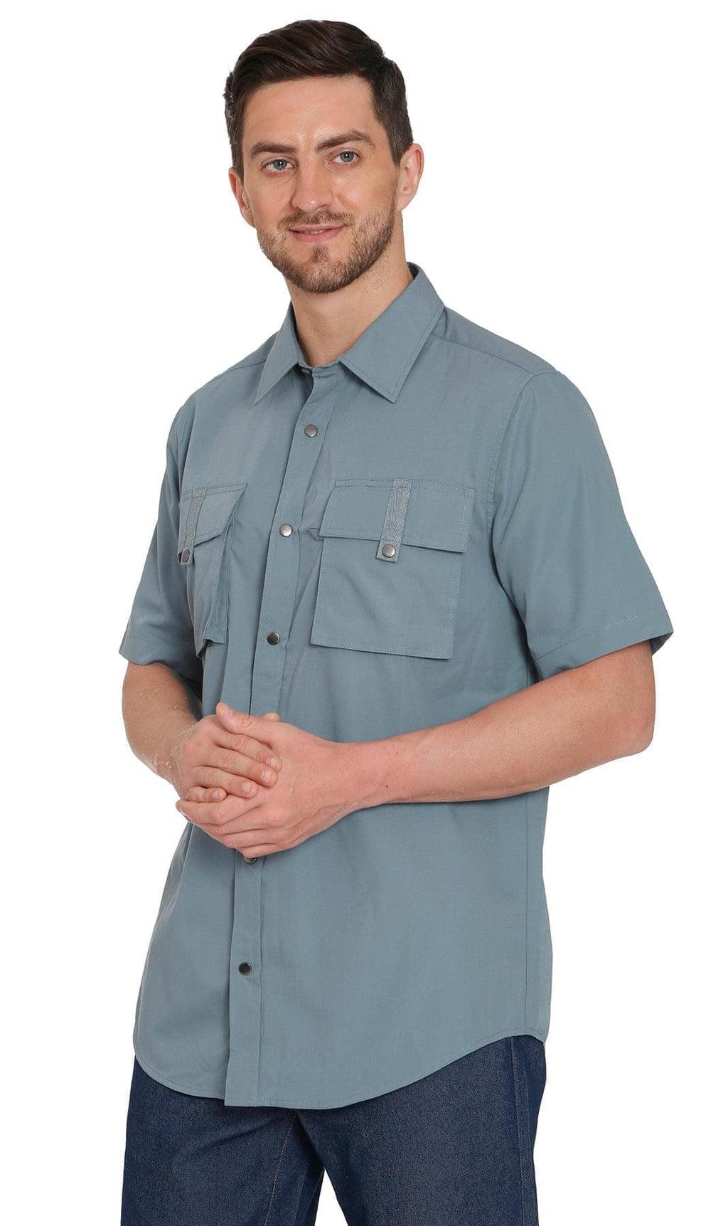 Men's short sleeve explorer shirt with utility pockets and mesh back panel