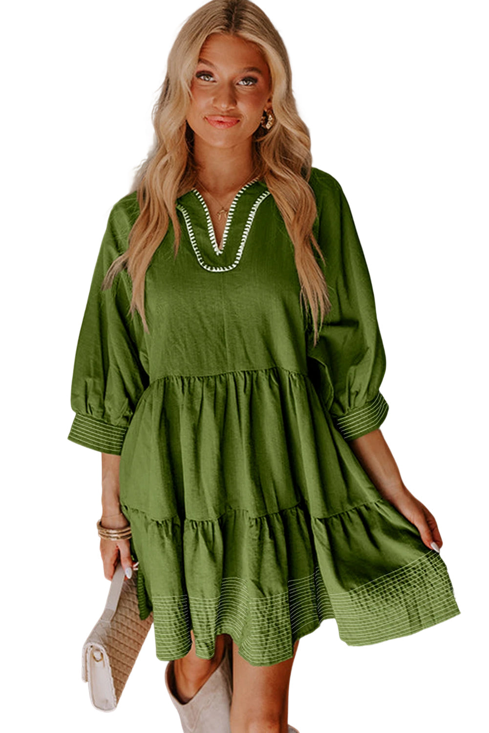 Jungle Green V Neck 3/4 Sleeve Swing Mini Dress