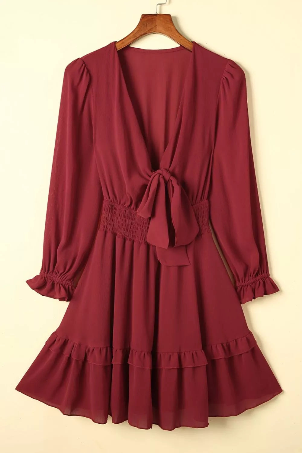 Elegant Tie-Front Ruffle Mini Dress with Smocked Wiast