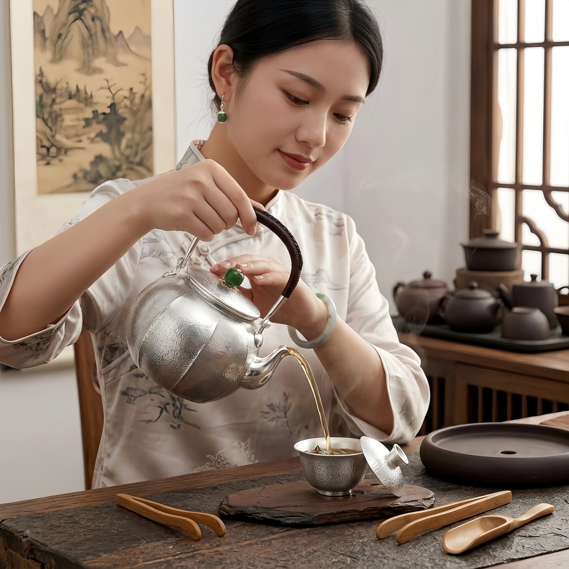 Pure 999 Fine Silver Handcrafted Hammered Silver Teapot with Jade Finial and Rattan Handle - Handicraft