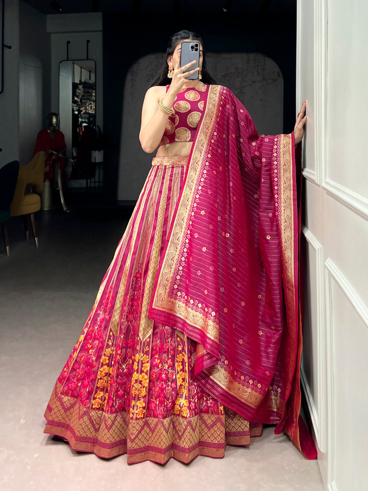 Pink Silk Lehenga Choli with Traditional Zari Weaving Work