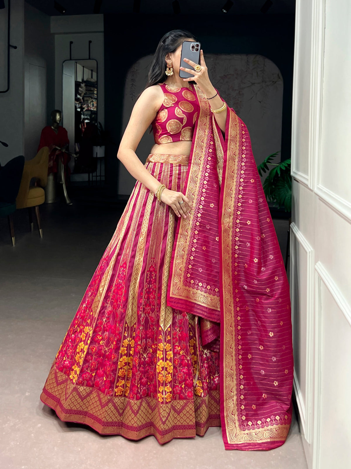 Pink Silk Lehenga Choli with Traditional Zari Weaving Work