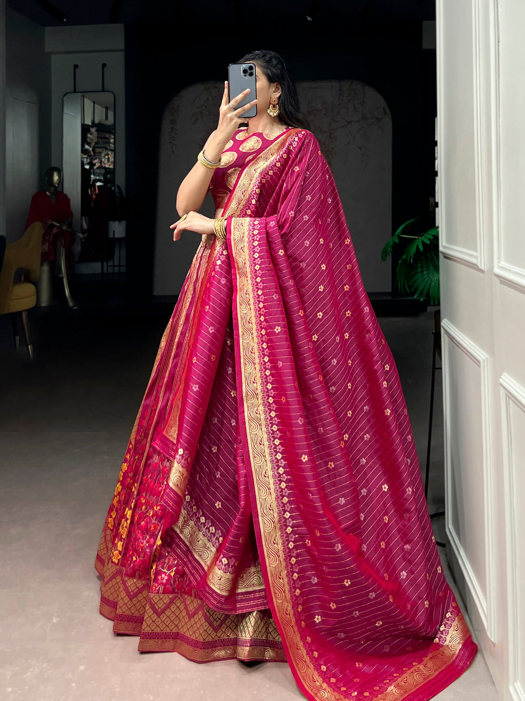 Pink Silk Lehenga Choli with Traditional Zari Weaving Work
