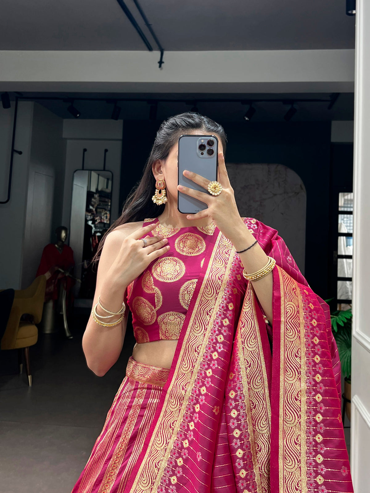 Pink Silk Lehenga Choli with Traditional Zari Weaving Work