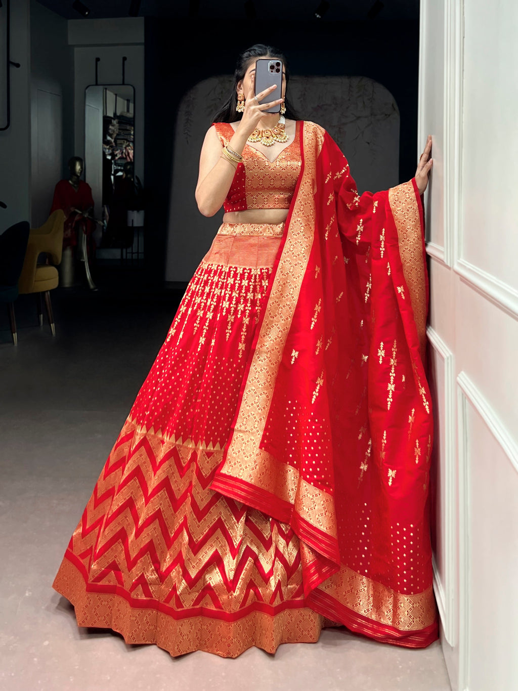Red Silk Zari Weaving Lehenga Choli with Dupatta Set