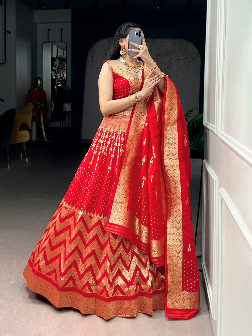 Red Silk Zari Weaving Lehenga Choli with Dupatta Set