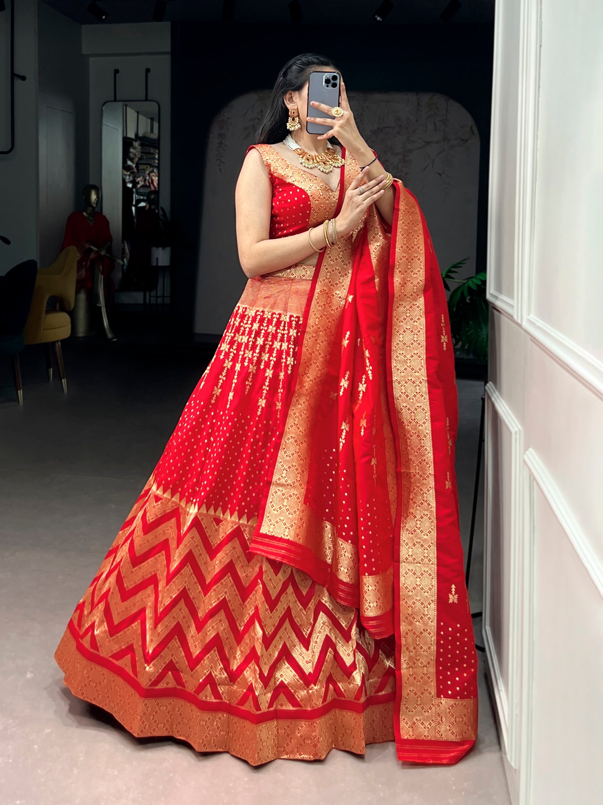 Red Silk Zari Weaving Lehenga Choli with Dupatta Set