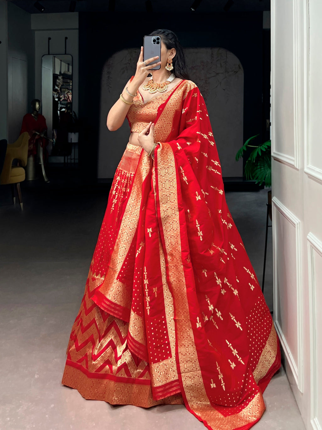 Red Silk Zari Weaving Lehenga Choli with Dupatta Set