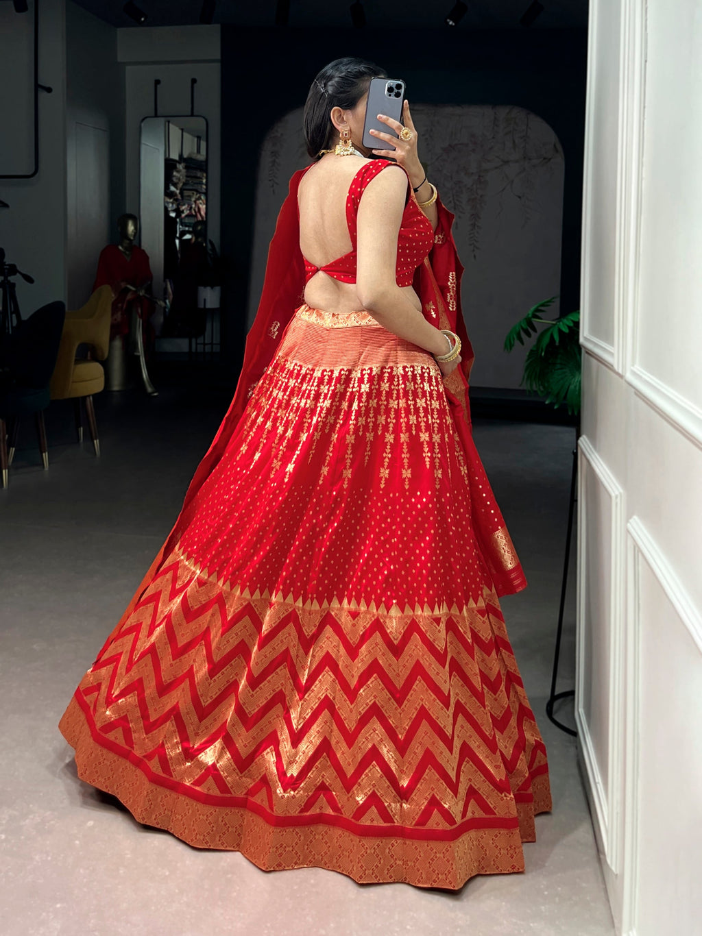Red Silk Zari Weaving Lehenga Choli with Dupatta Set