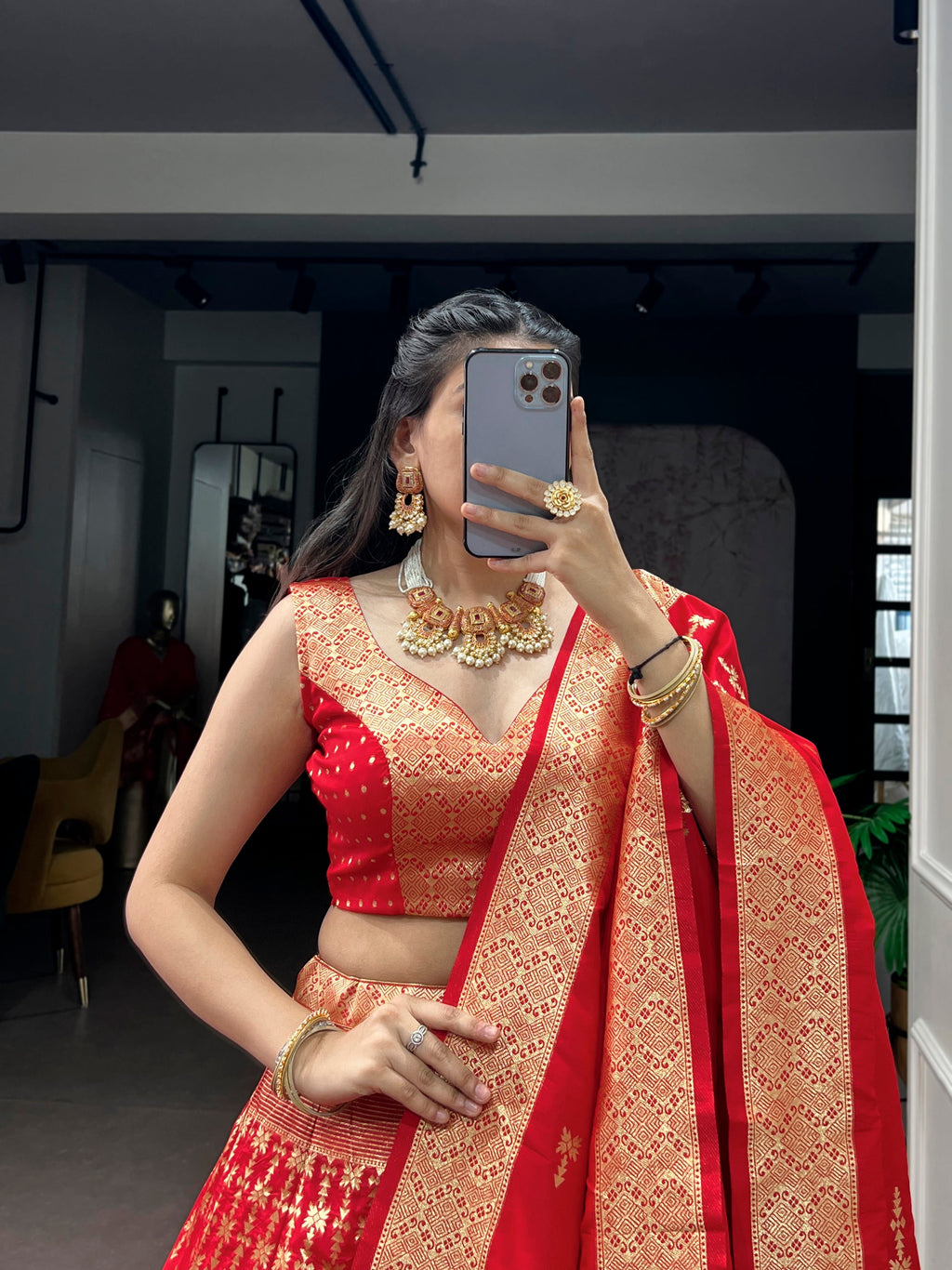 Red Silk Zari Weaving Lehenga Choli with Dupatta Set