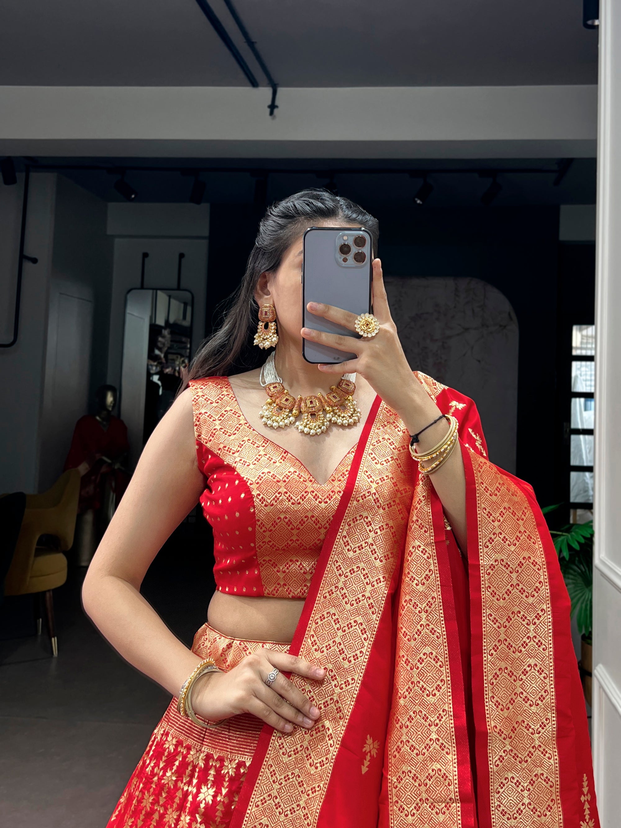 Red Silk Zari Weaving Lehenga Choli with Dupatta Set