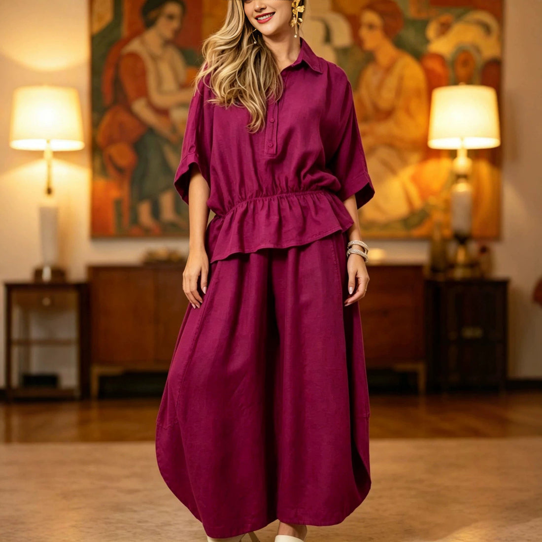 Women's Plus Size Belted Shirt & Wide-Leg Pants Two-Piece Set
