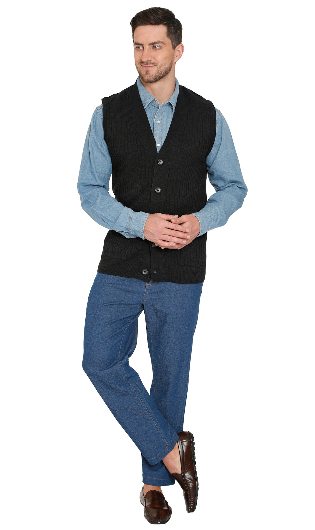 Men's Button Front Rib Knit Sweater Vest with Pockets