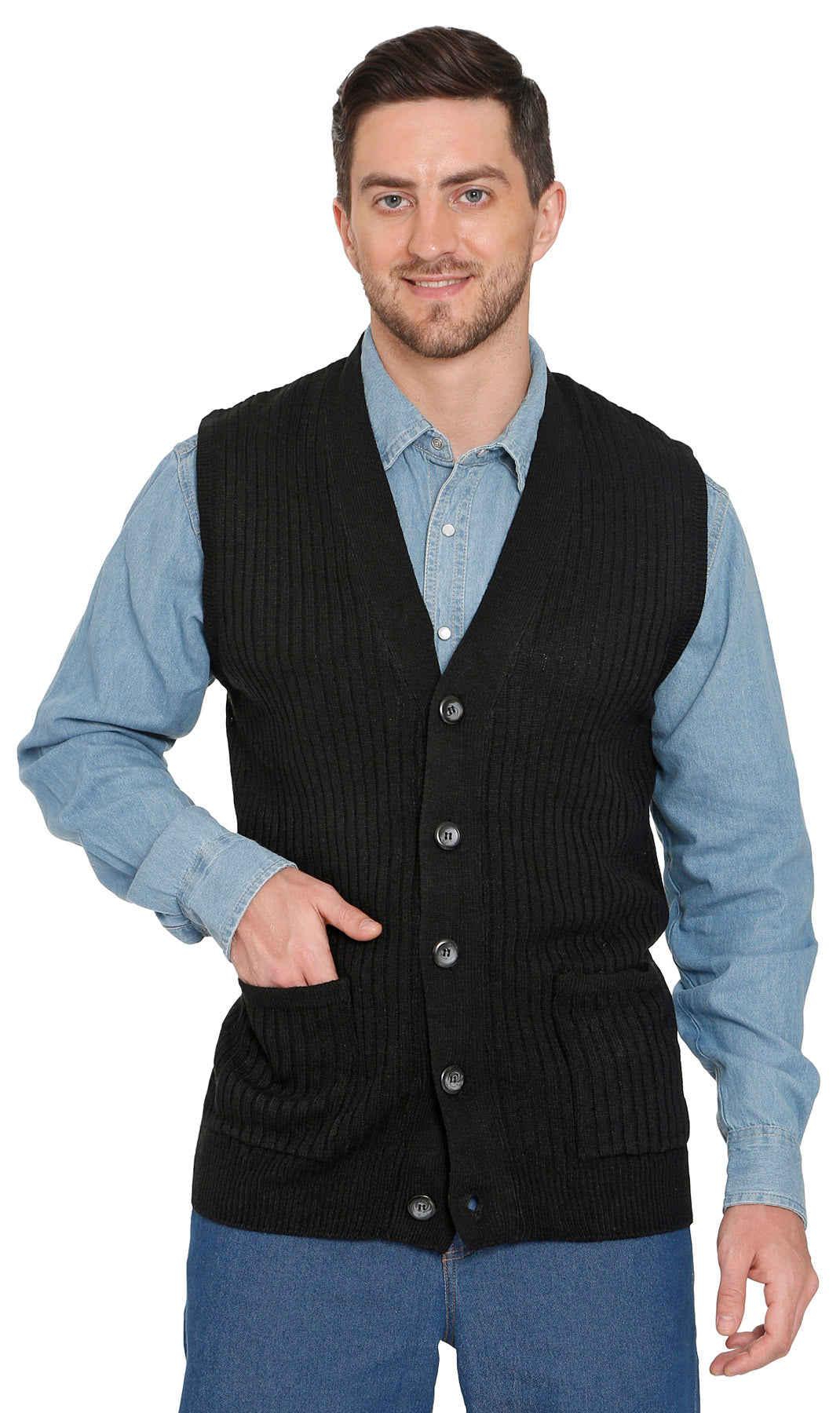 Men's rib knit sweater vest with button front and pockets, shown in black, grey, navy, and tan.