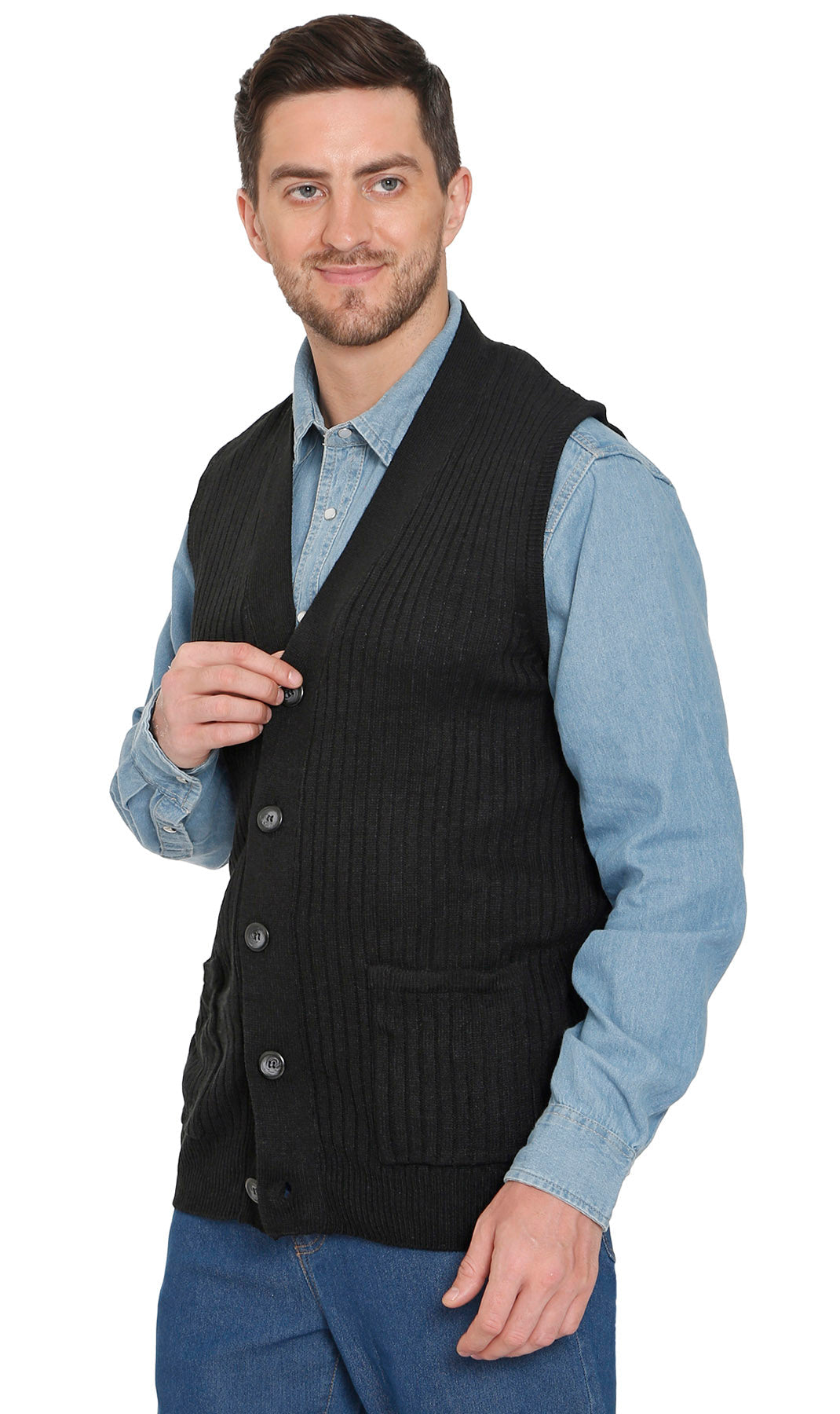Men's Button Front Rib Knit Sweater Vest with Pockets