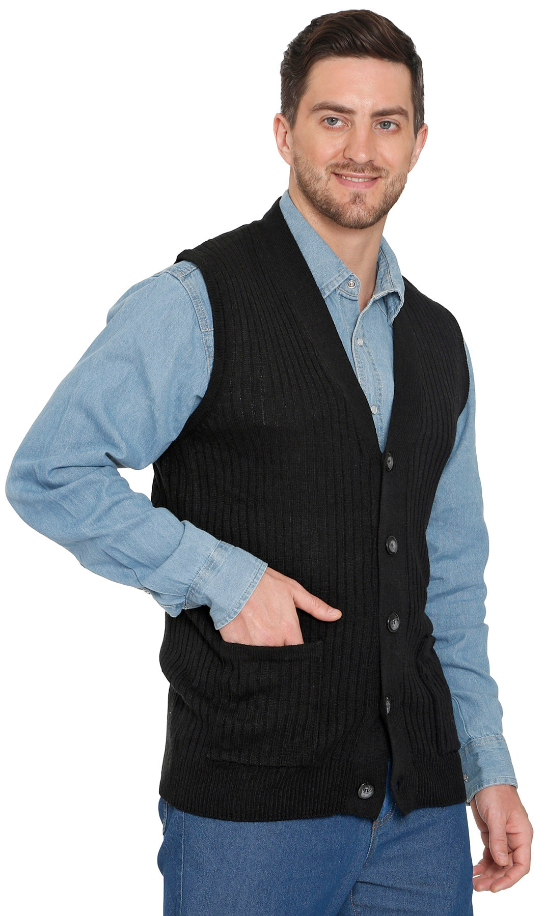 Men's Button Front Rib Knit Sweater Vest with Pockets