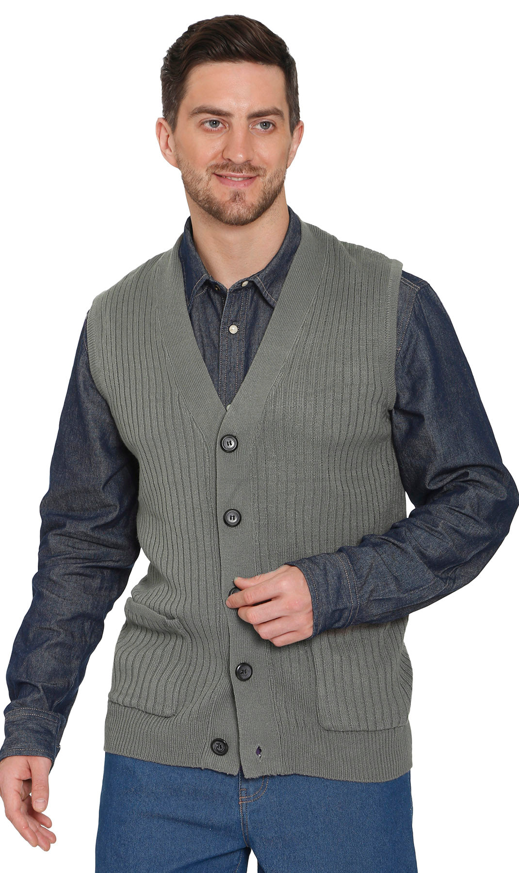 Men's Button Front Rib Knit Sweater Vest with Pockets