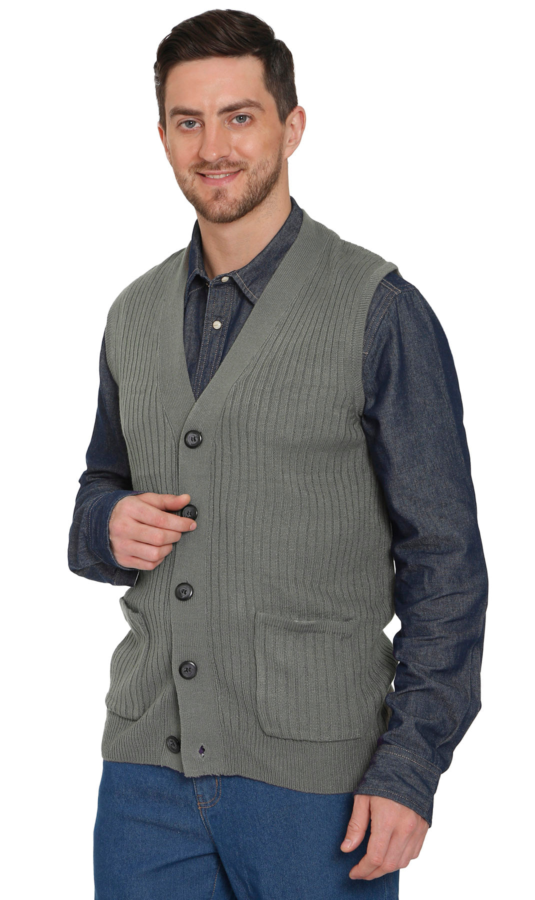 Men's Button Front Rib Knit Sweater Vest with Pockets