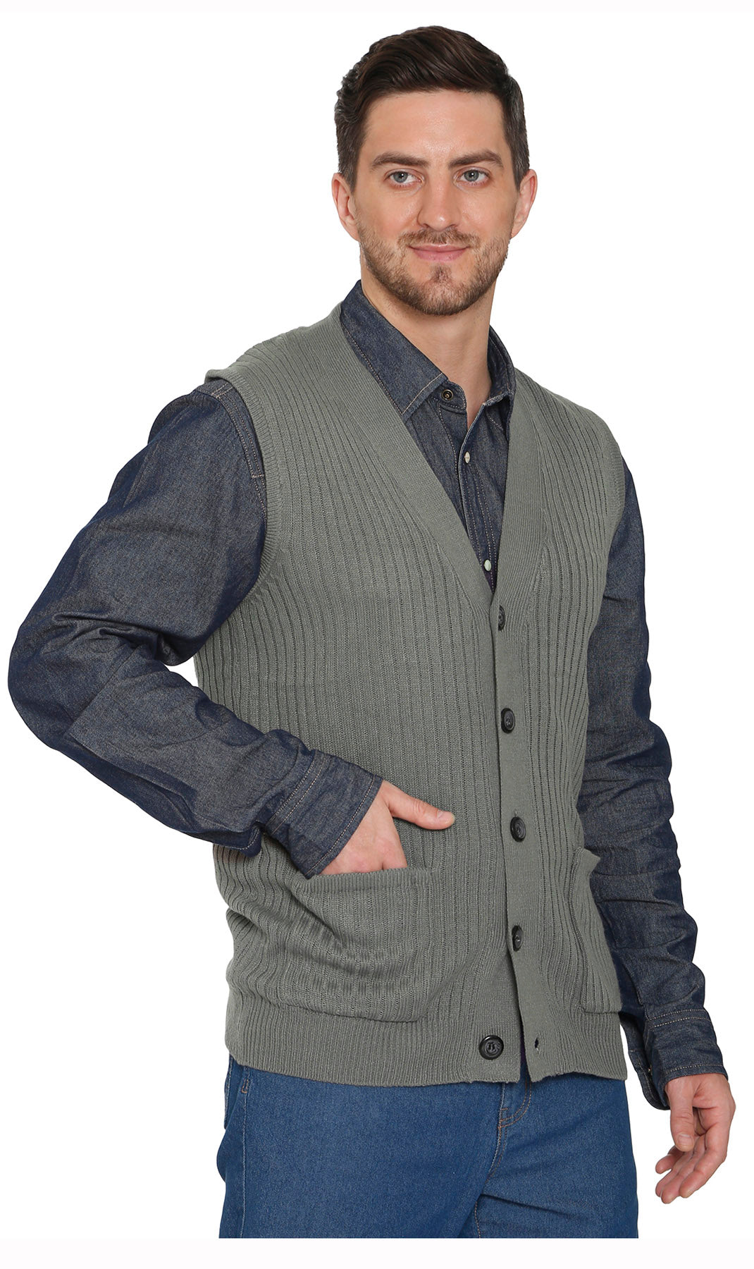 Men's Button Front Rib Knit Sweater Vest with Pockets