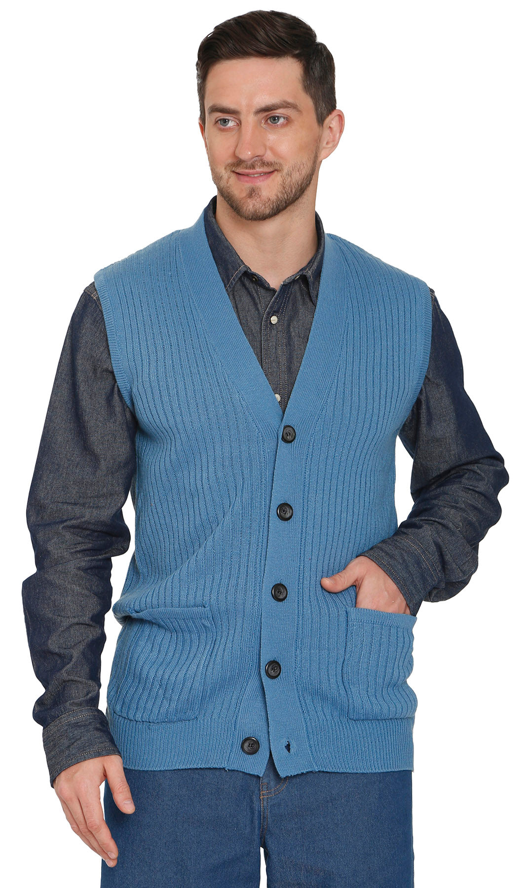 Men's Button Front Rib Knit Sweater Vest with Pockets