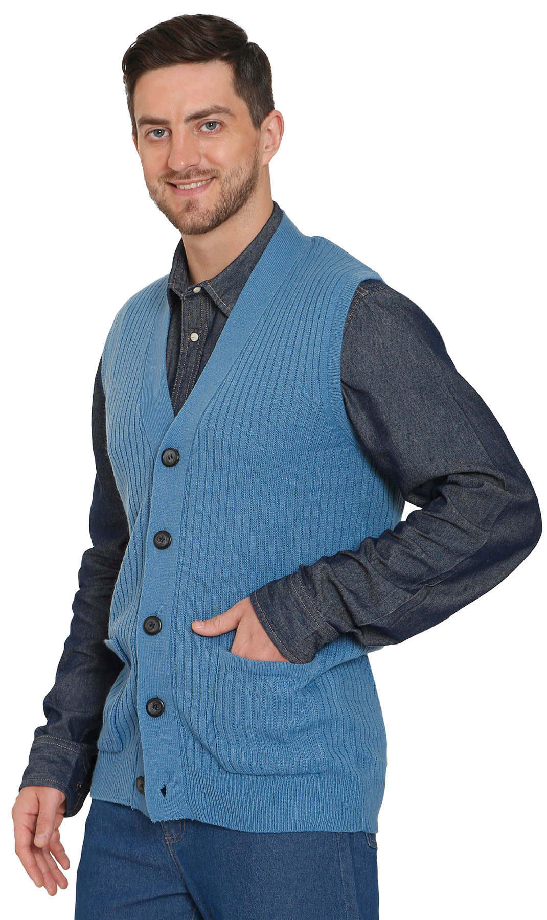 Men's Button Front Rib Knit Sweater Vest with Pockets