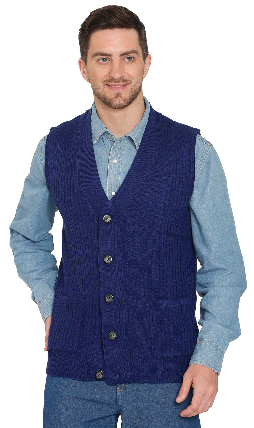 Men's Button Front Rib Knit Sweater Vest with Pockets