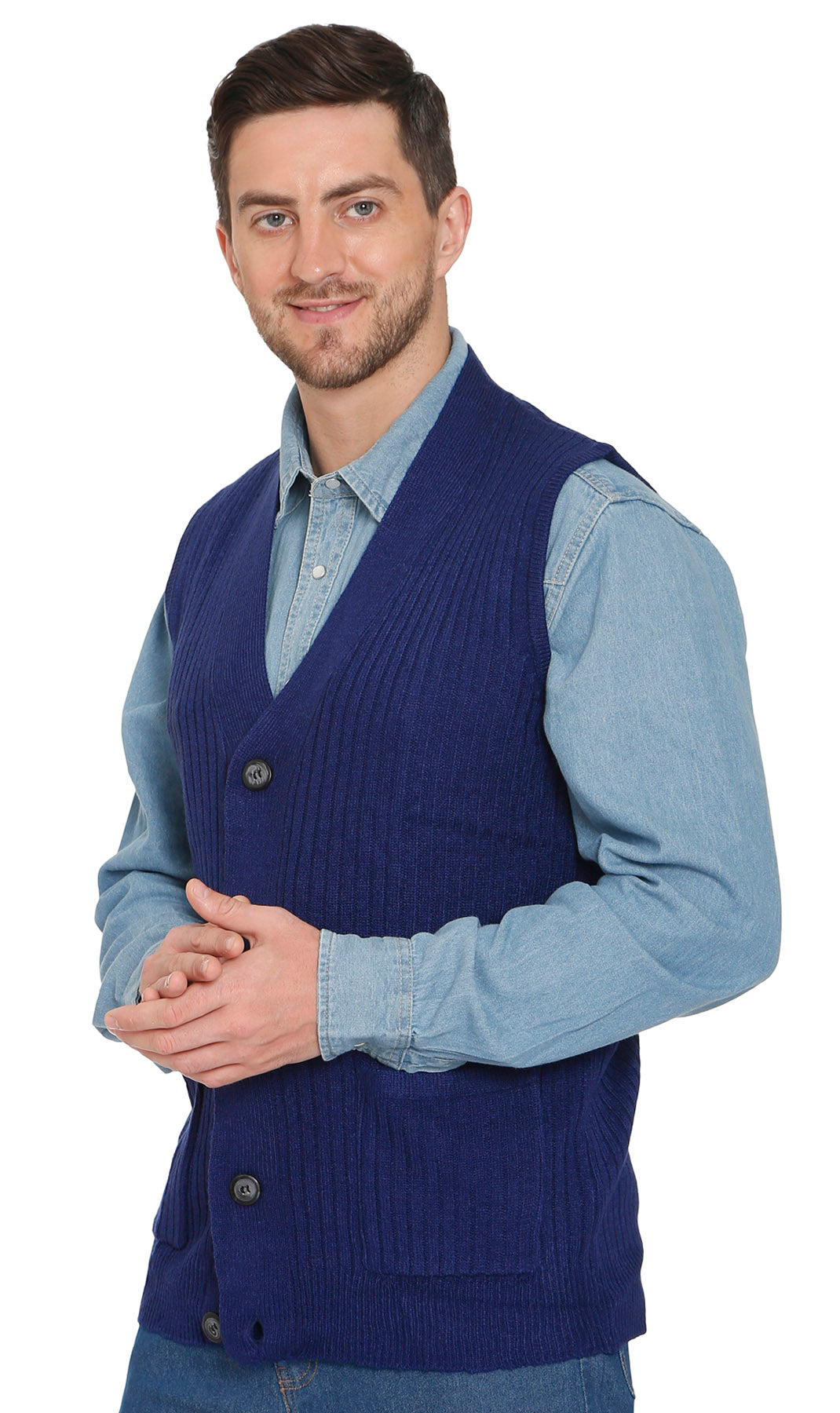 Men's Button Front Rib Knit Sweater Vest with Pockets