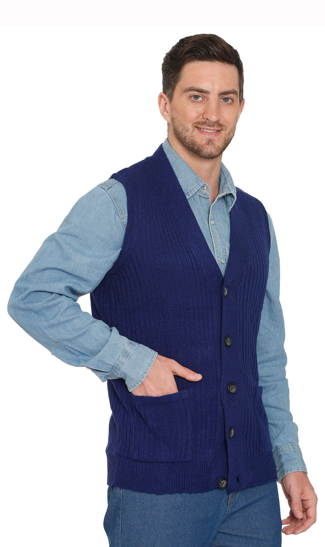 Men's Button Front Rib Knit Sweater Vest with Pockets