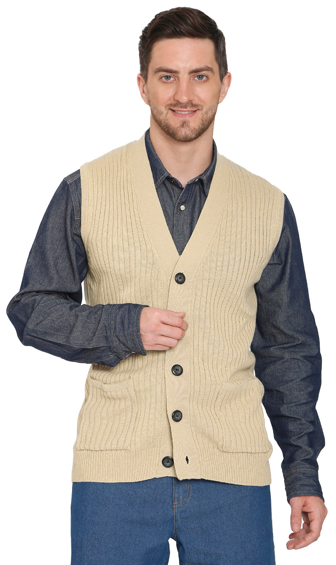 Men's Button Front Rib Knit Sweater Vest with Pockets