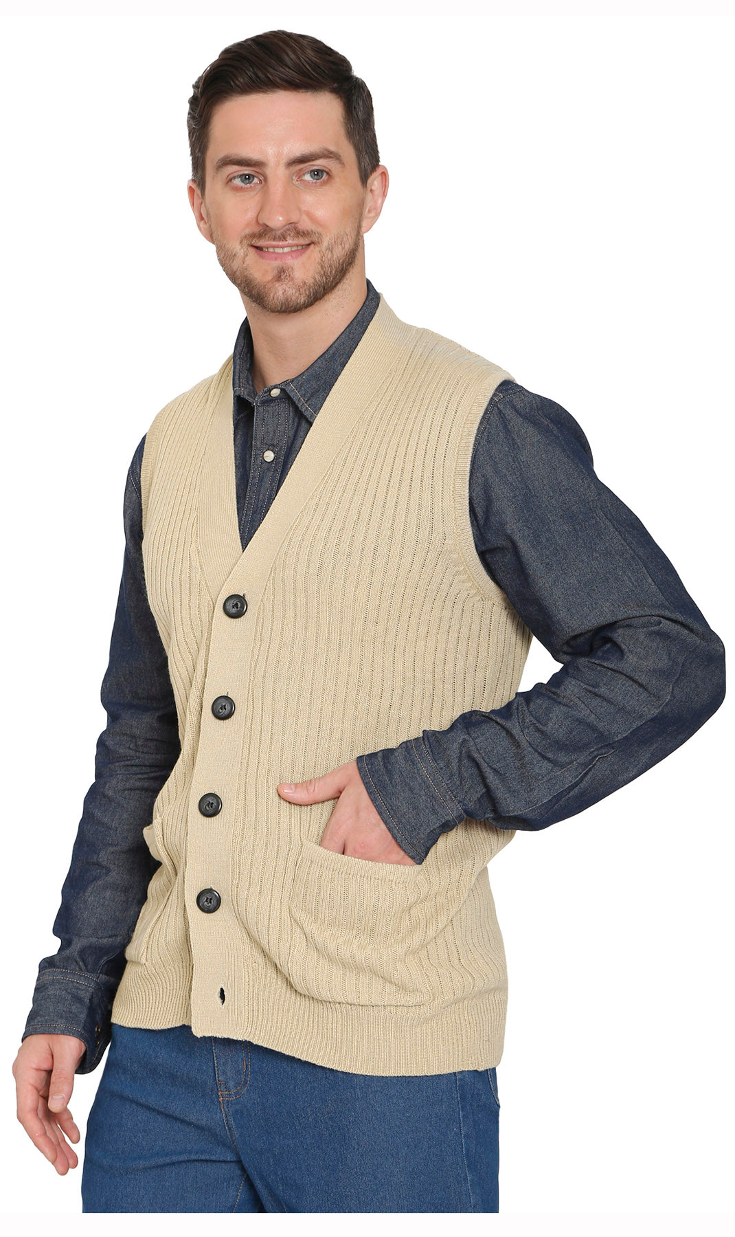 Men's Button Front Rib Knit Sweater Vest with Pockets